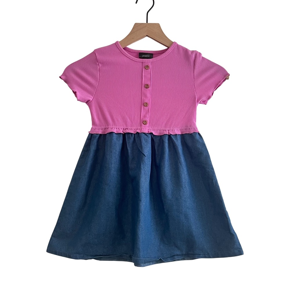 Picapino Girls Mixed Media Dress Pink Ribbed Denim Blue Size 6 Back to School